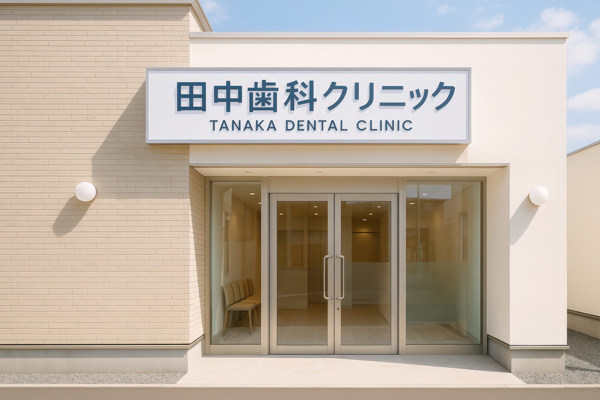 ガラス扉がある田中歯科クリニックの入り口外観