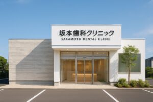 坂本歯科クリニックのガラス張りの入り口と植栽