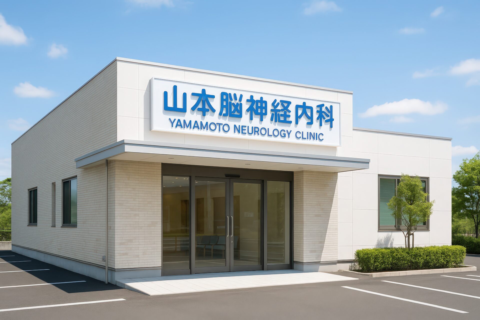 山本脳神経内科の白い建物と駐車場の外観