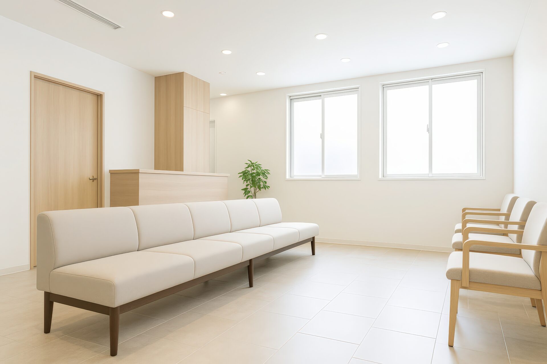 木目調のカウンターがあるシンプルなクリニックの待合室