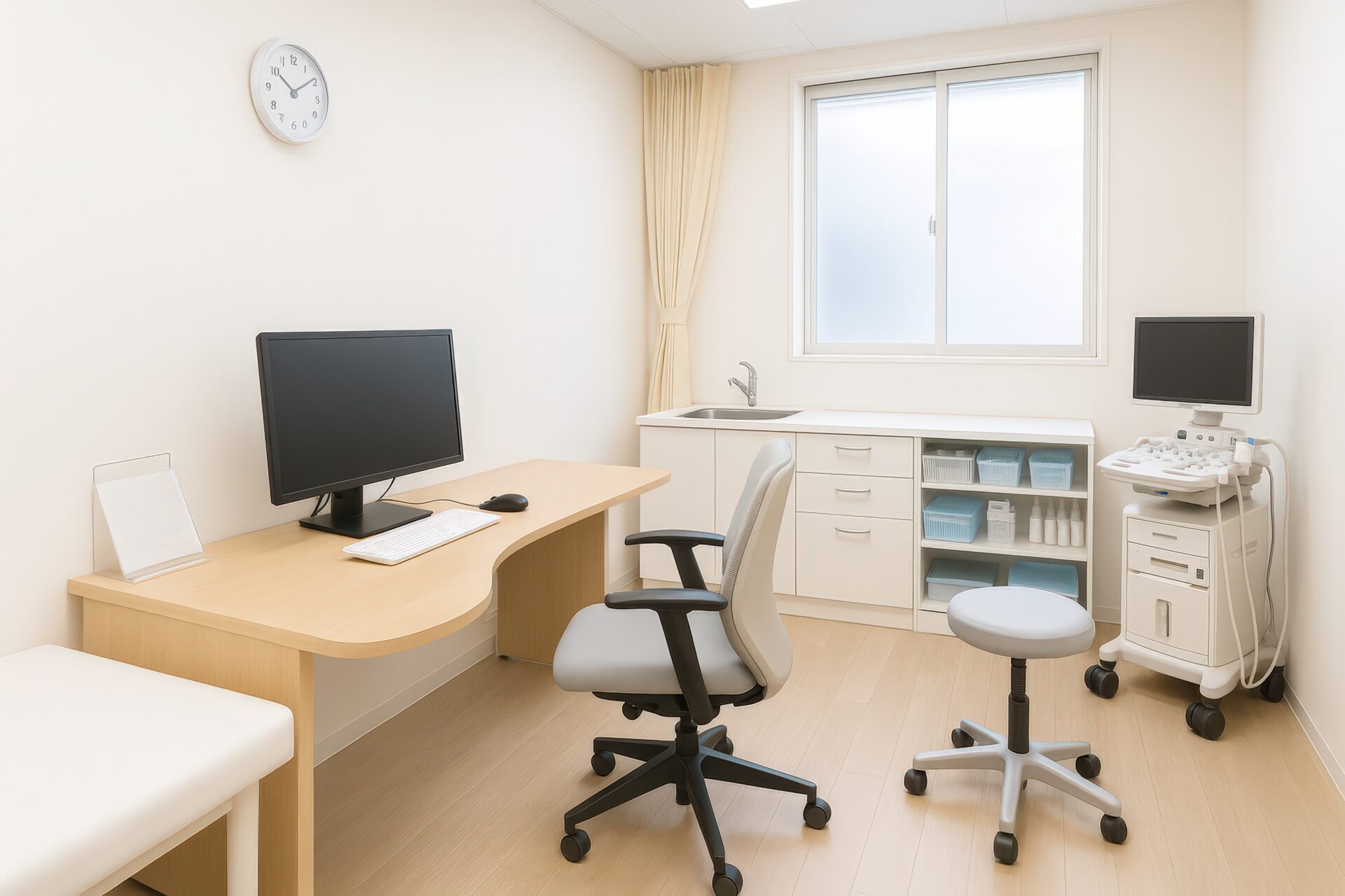 超音波診断装置がある明るい診察室の内観