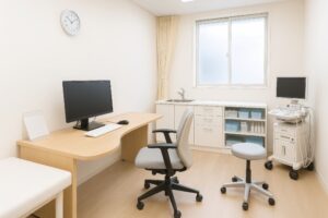 超音波診断装置がある明るい診察室の内観