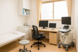 パソコンとエコー機器が並ぶ近代的な診察室