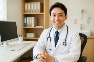 笑顔の若い男性医師が診察室でカメラを見つめる