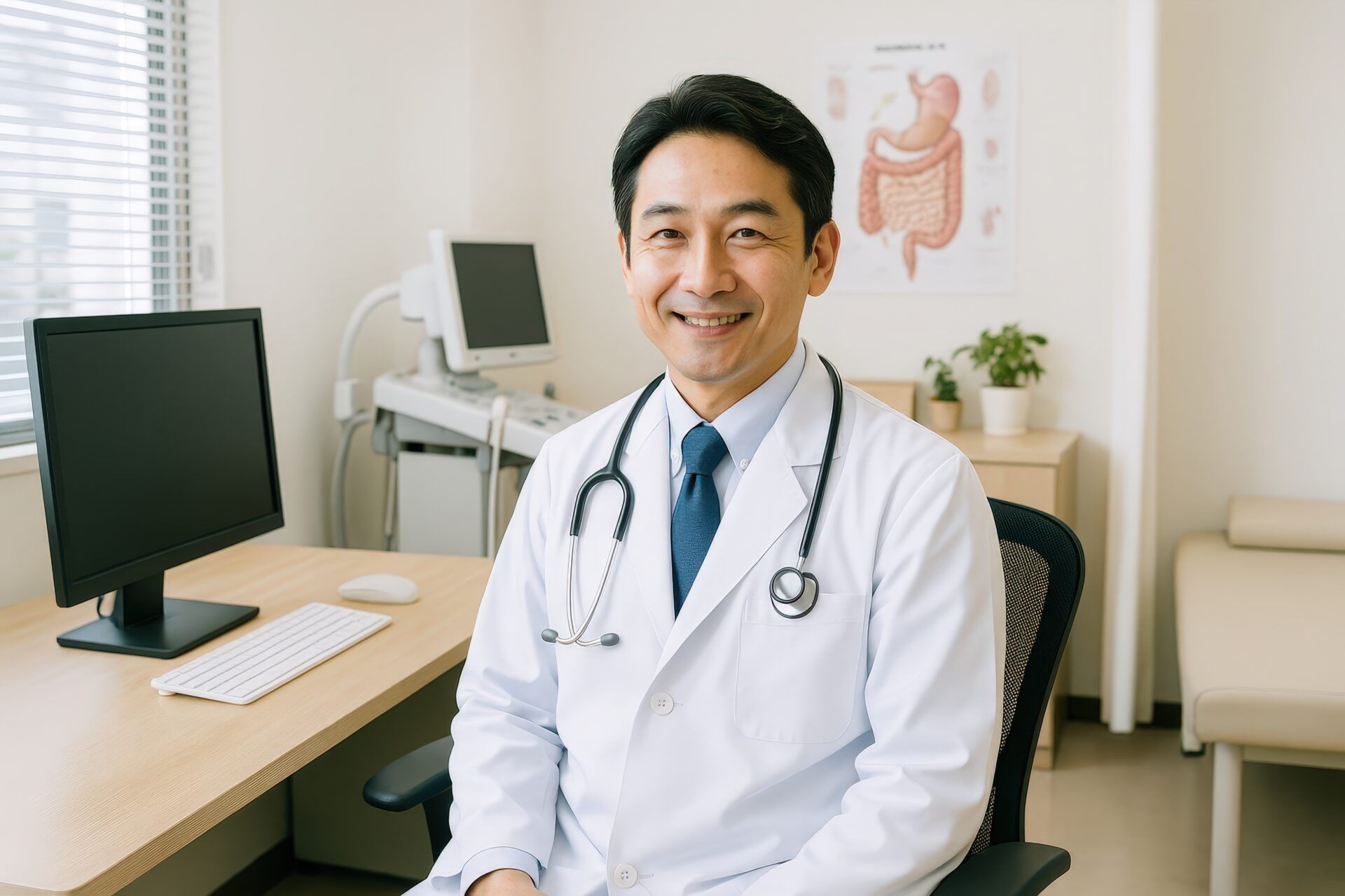 聴診器をかけた男性医師が診察室で微笑む