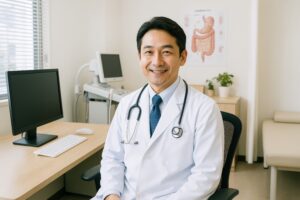 聴診器をかけた男性医師が診察室で微笑む