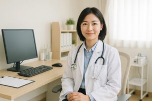 優しい表情の女性医師が診察室でカメラ目線