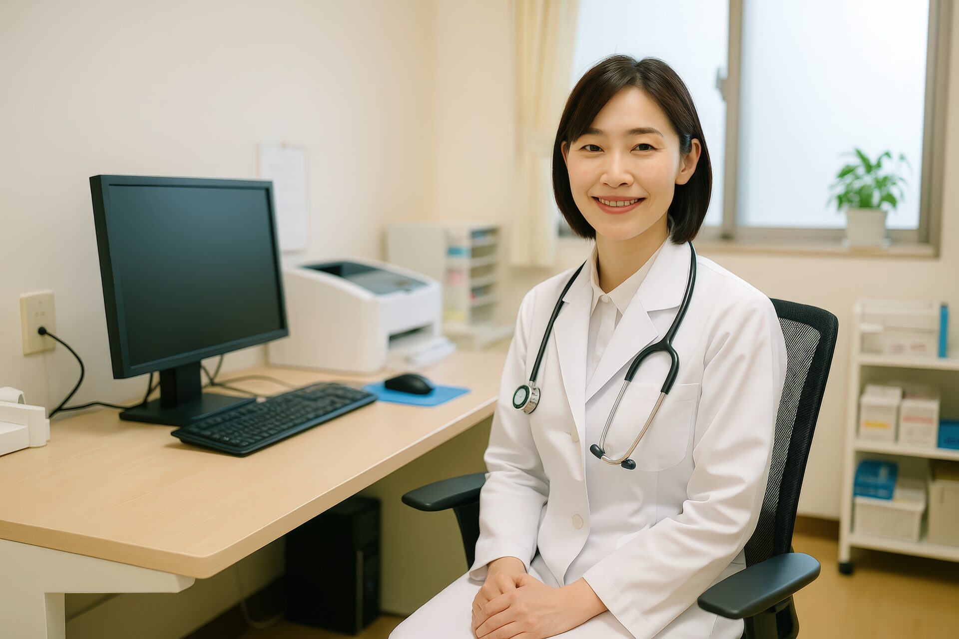 診察室の椅子に座る笑顔の若い女性医師