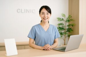 受付カウンターで笑顔の女性スタッフが立っている