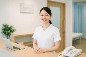 クリニックの受付に立つ白衣姿の女性スタッフ