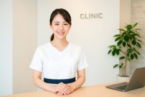 笑顔で患者を迎えるクリニックの女性スタッフ