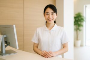 受付デスク前に立つ若い女性スタッフ