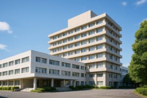 緑に囲まれた大型病院の外観