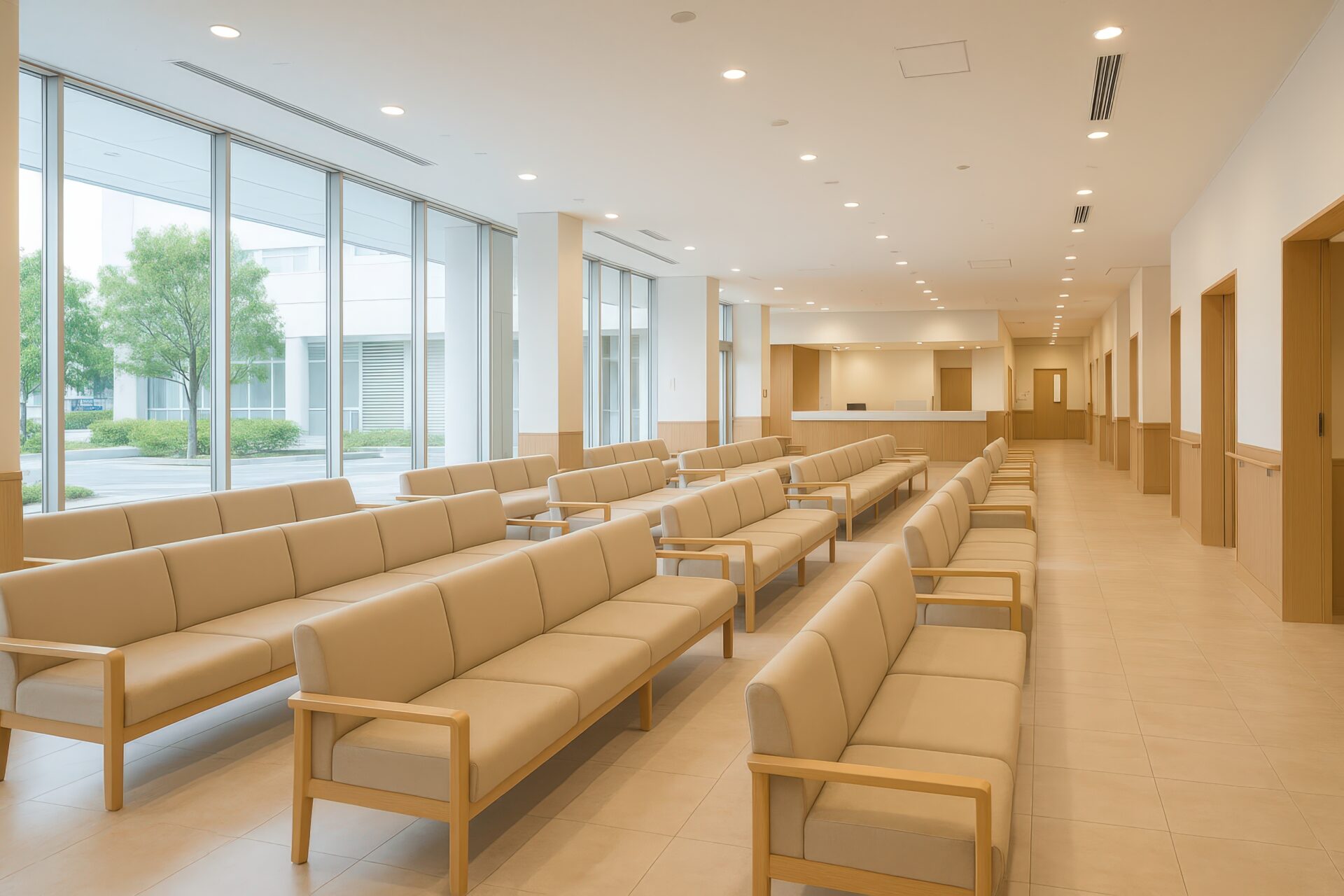 大きな窓とソファが並ぶ広々とした病院の待合室
