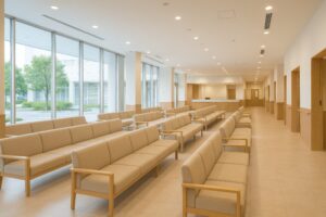 大きな窓とソファが並ぶ広々とした病院の待合室