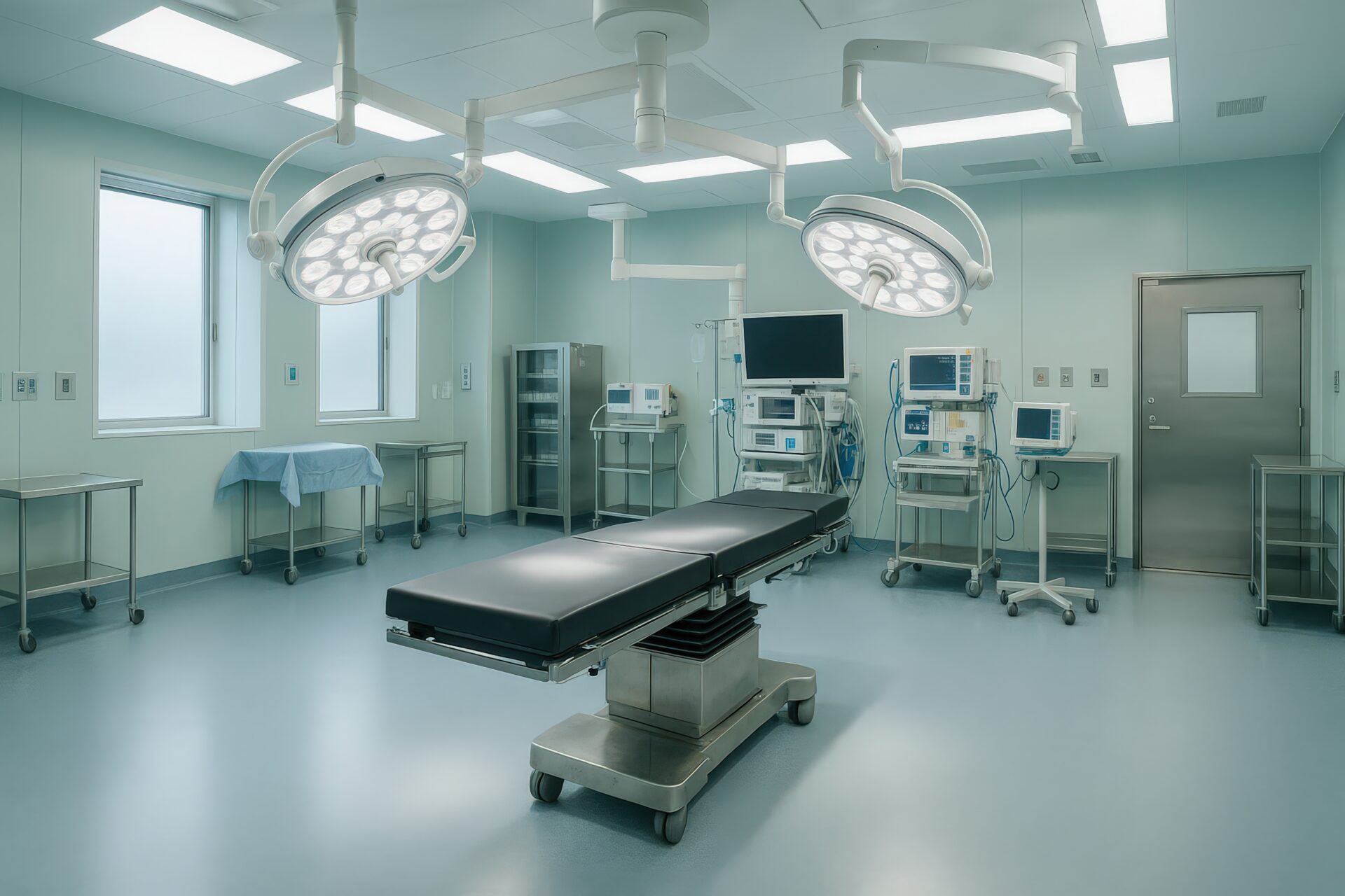 手術台と医療機器が設置された清潔な手術室