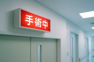 廊下にある「手術中」の赤いサインと扉
