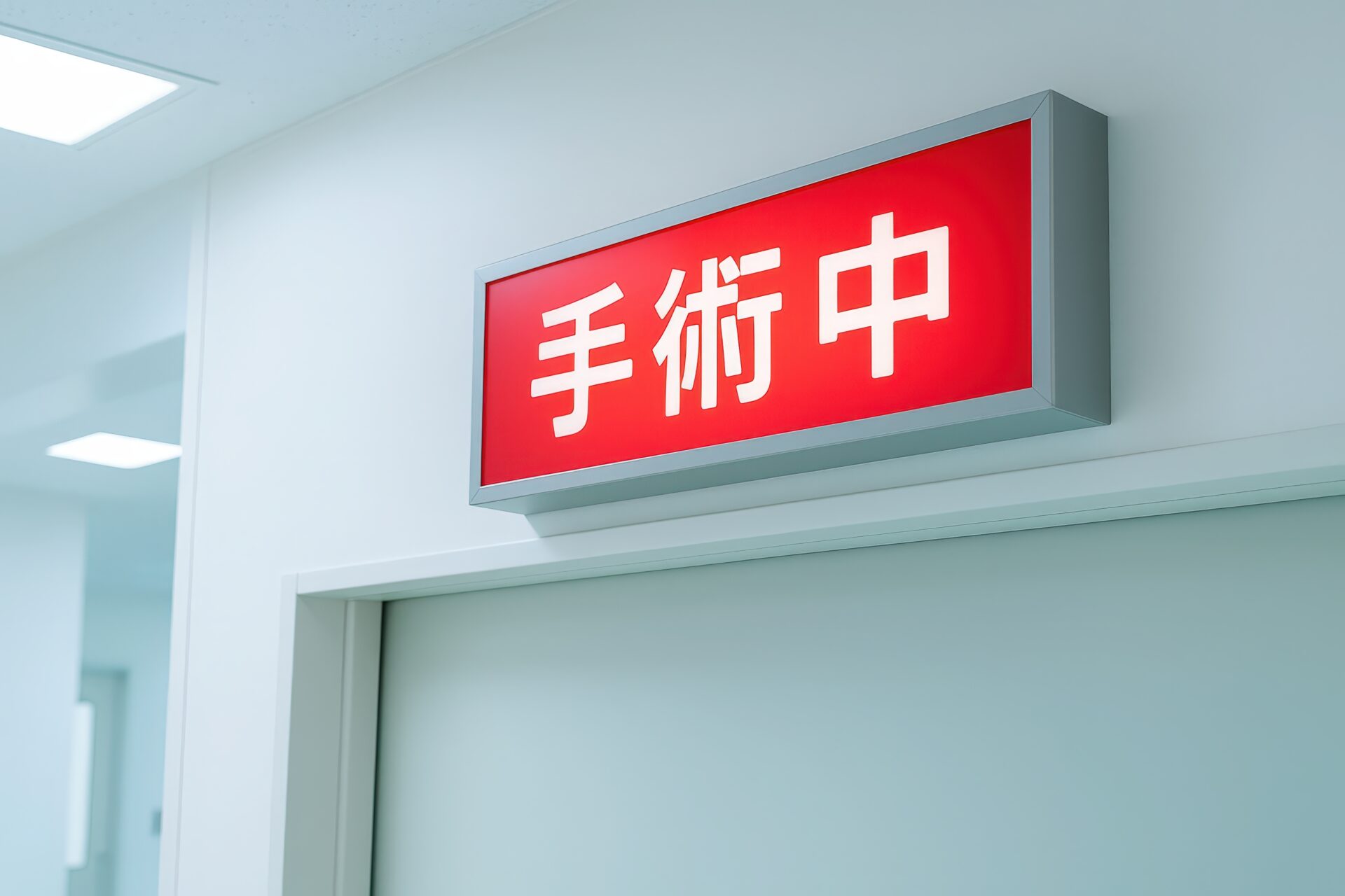 白い廊下に設置された「手術中」表示灯