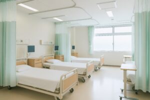 カーテンで仕切られた4床ある病室の内観