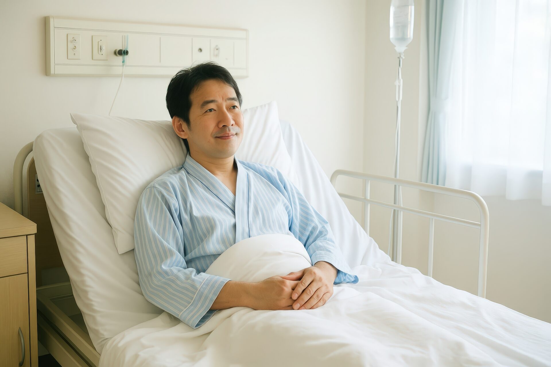 入院病棟のベッドに座る中年男性患者