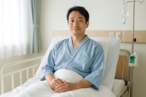 病室のベッドで穏やかに座る男性患者