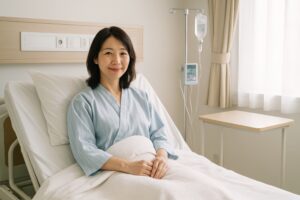 笑顔でカメラを見る女性入院患者