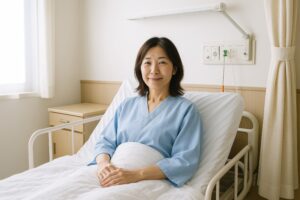 病室のベッドでくつろぐ女性患者