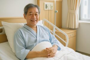 病院のベッドで笑顔の高齢男性患者