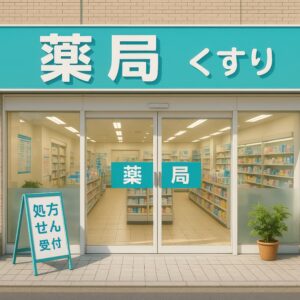 青い看板の調剤薬局の外観