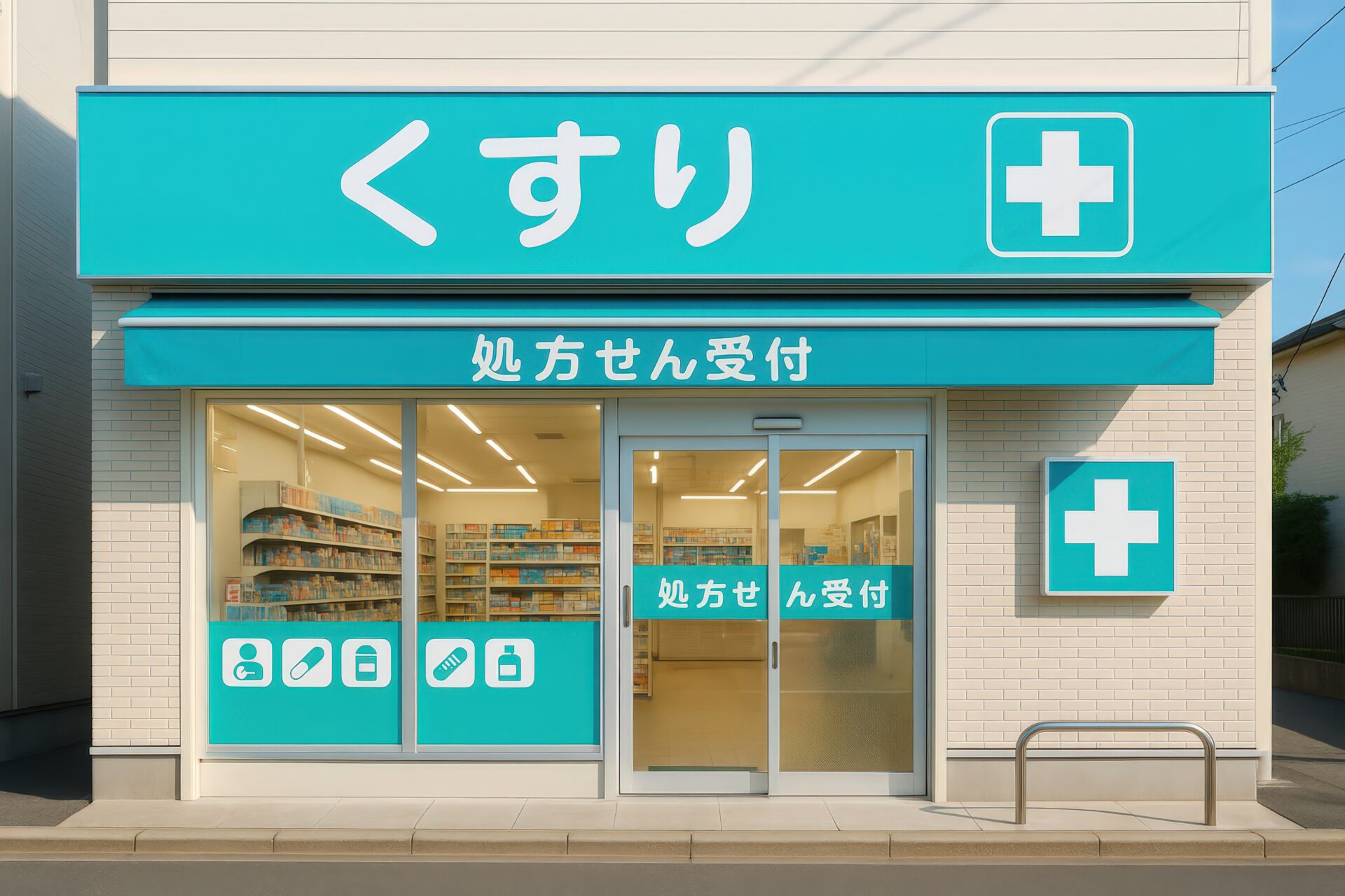 白い壁の調剤薬局の店舗外観