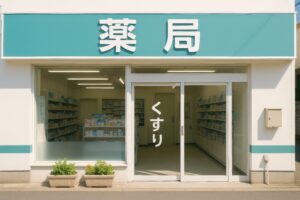入口ガラスに「くすり」と書かれた薬局の外観