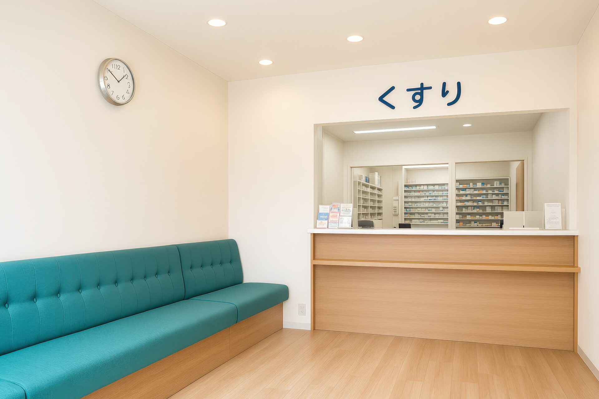 木目調カウンターとソファがある薬局の待合室