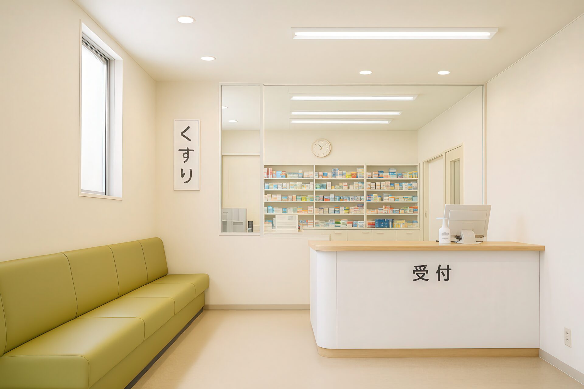 カウンター越しに薬棚が並ぶ薬局の受付