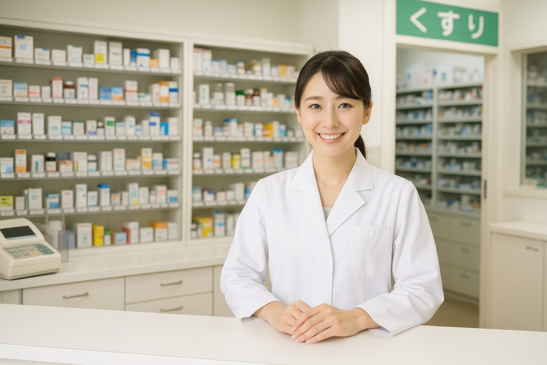調剤薬局のカウンターに立つ笑顔の女性薬剤師