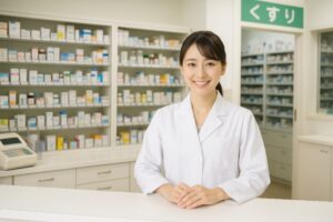 調剤薬局のカウンターに立つ笑顔の女性薬剤師