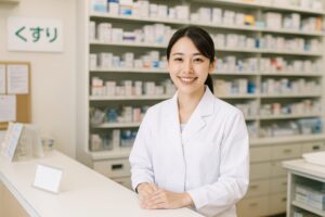 処方薬棚の前で微笑む女性薬剤師