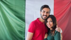 イタリア国旗の前に立つカップル