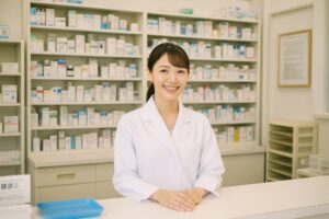 調剤室カウンターに立つ若い女性薬剤師