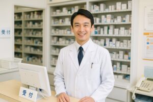 受付カウンターで笑顔を見せる男性薬剤師