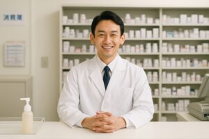 処方薬の棚前で両手を組む男性薬剤師