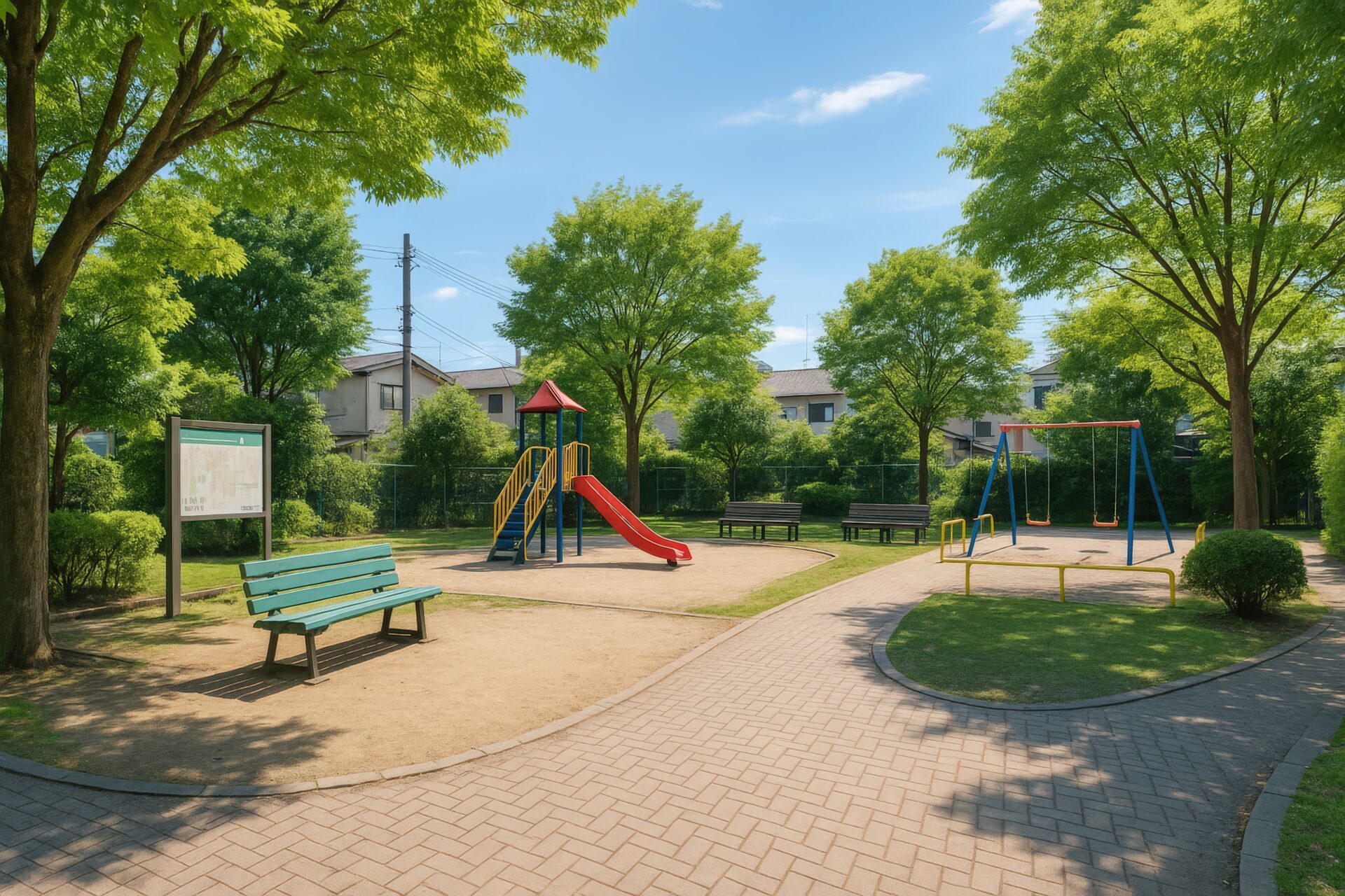 滑り台やブランコが並ぶ住宅街の公園