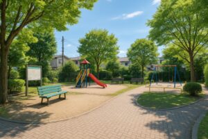 滑り台やブランコが並ぶ住宅街の公園