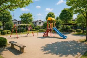 カラフルな遊具がある静かな住宅街の公園