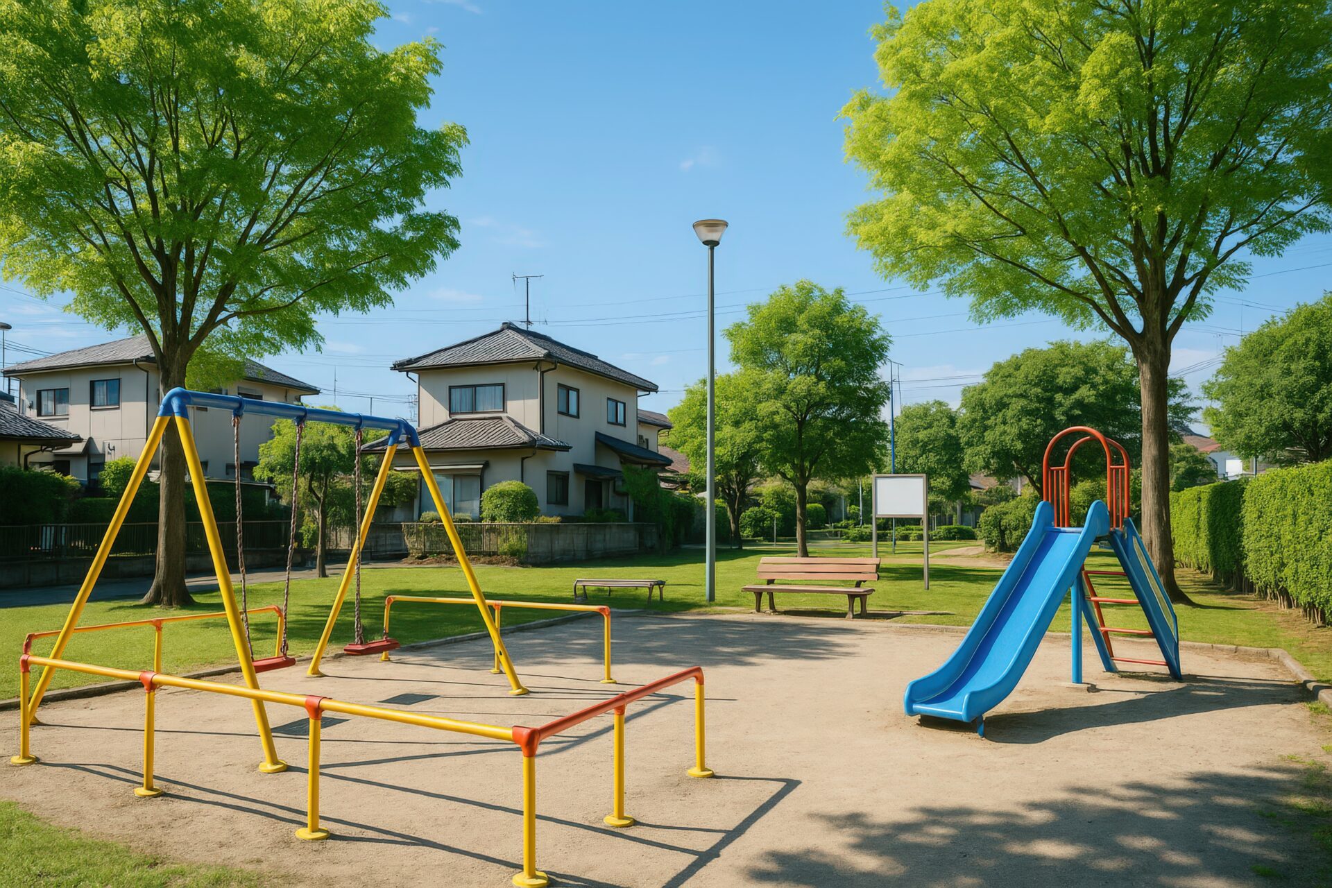 緑に囲まれた滑り台とブランコのある公園