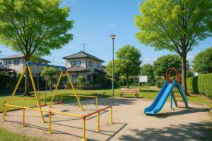 緑に囲まれた滑り台とブランコのある公園