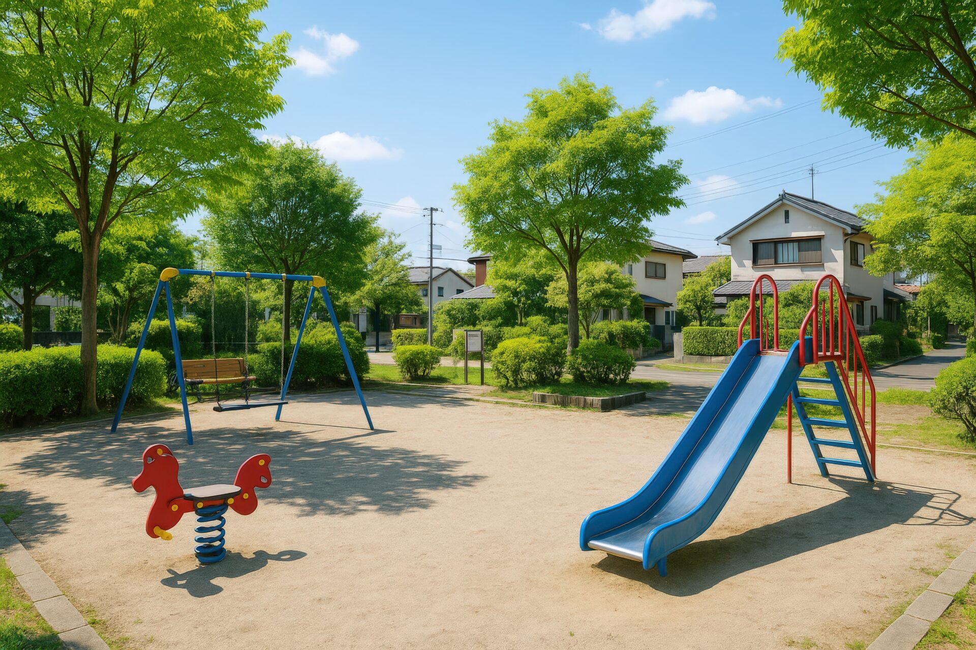 遊具が並ぶ住宅地の小さな公園