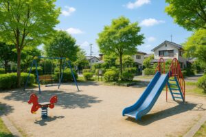 遊具が並ぶ住宅地の小さな公園