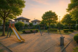 夕方の光が差し込む住宅街の公園