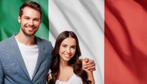 イタリア国旗を背景に微笑むカップル