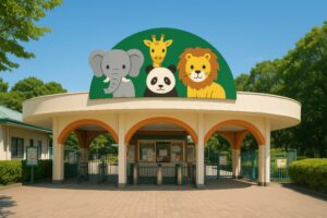 キャラクターが飾られた円形の動物園ゲート